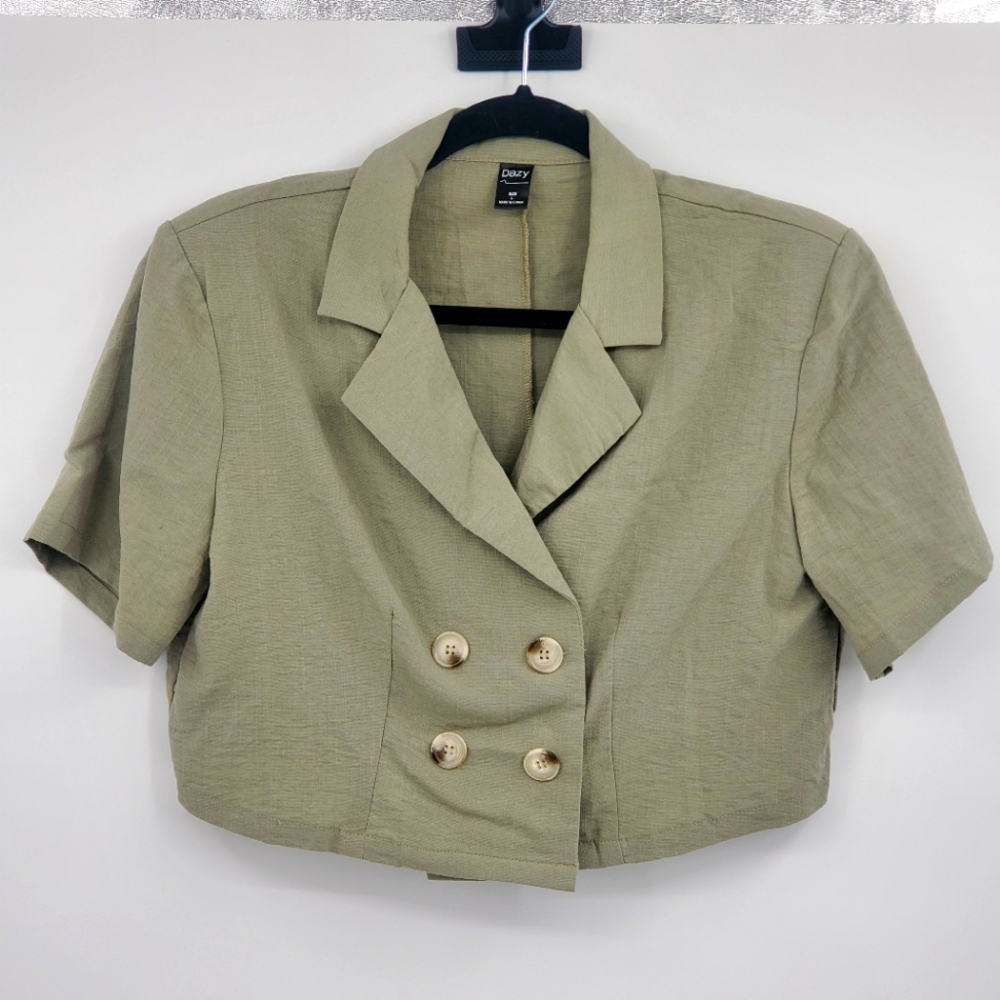 ♤♤ Dazy Olive Green Double Breasted Short Sleeve Cropped Blazer Size Large